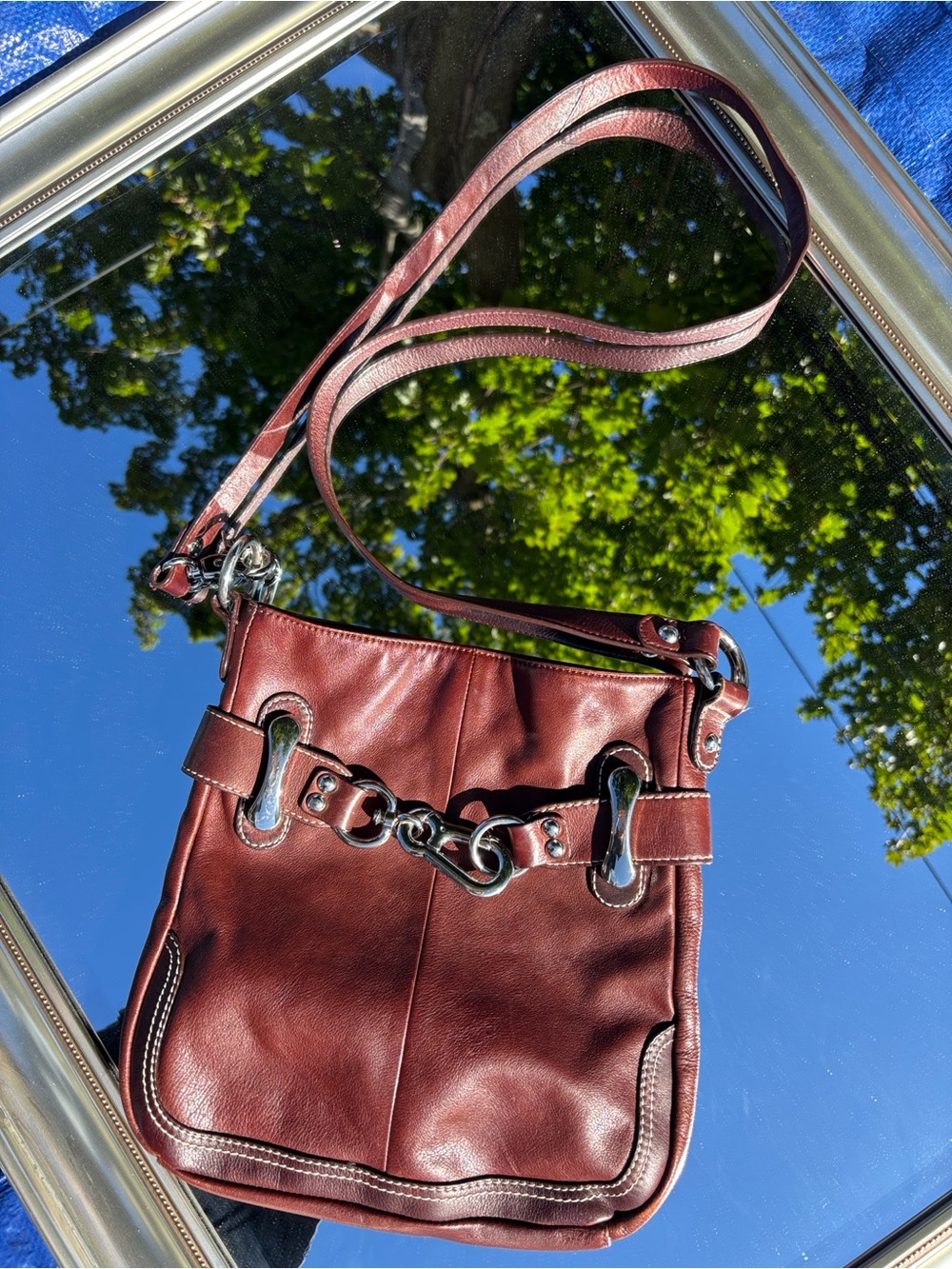 b. makowsky Burgundy Leather Crossbody with Silver-Tone Hardware